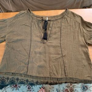 Free People Olive Green Tassel Peasant Blouse